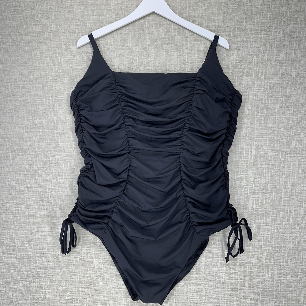 Becca ETC Swimsuit Womens 2X Black One Piece Paula Ruched Adjustable Tie‎ Back